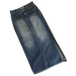 Paris blue vintage denim maxi skirt with slit on both sides